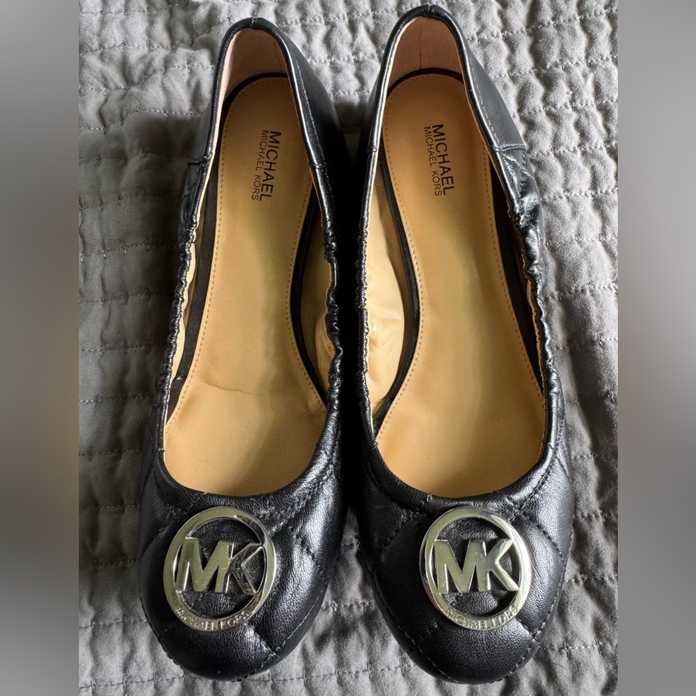 Michael Kors Black Leather Flats with Silver Logo